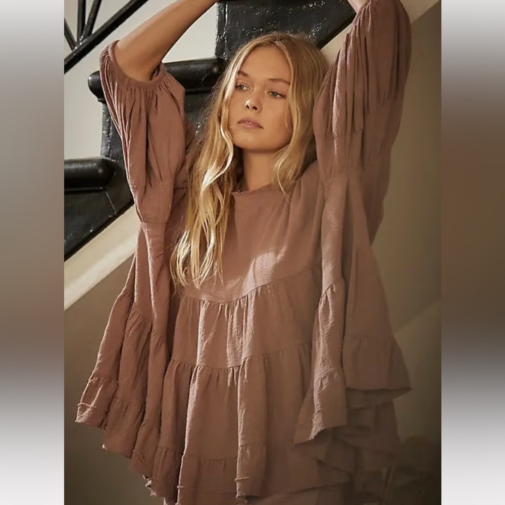 Free people Brianna tunic balloon sleeve open slit ruched flowy - Picture 2 of 15